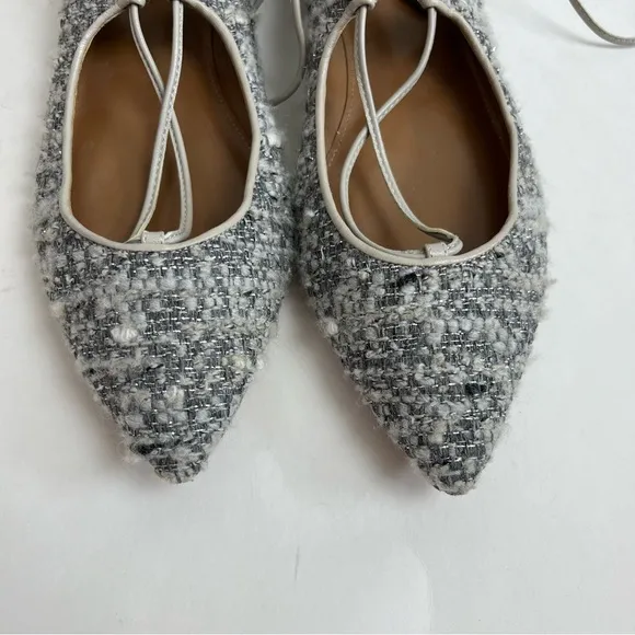 Aquazzura Christy Tweed Lace Up Ballet Flats 37 Gray Silver Pointed Toe