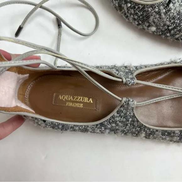 Aquazzura Christy Tweed Lace Up Ballet Flats 37 Gray Silver Pointed Toe