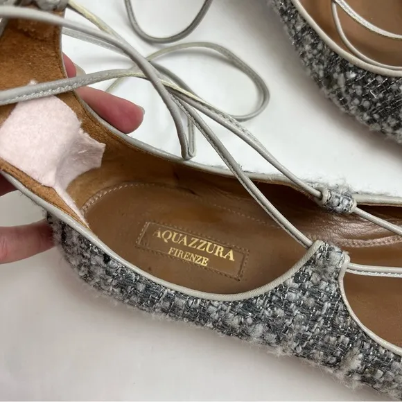Aquazzura Christy Tweed Lace Up Ballet Flats 37 Gray Silver Pointed Toe