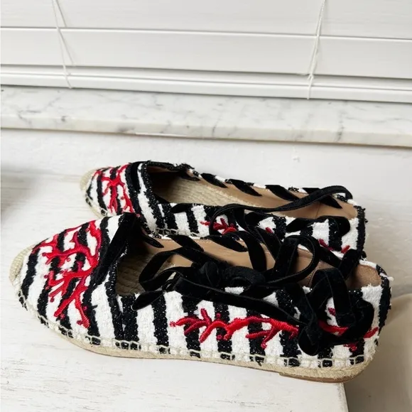 Aquazzura Coraline lace-up embroidered striped tweed espadrilles
