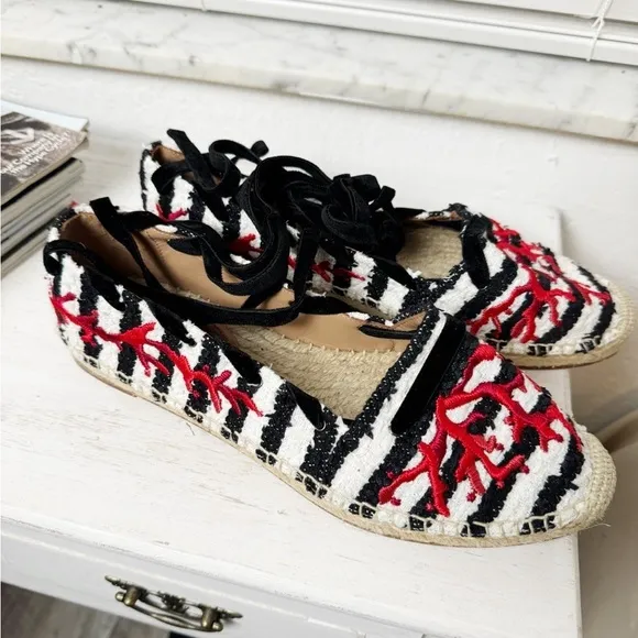 Aquazzura Coraline lace-up embroidered striped tweed espadrilles