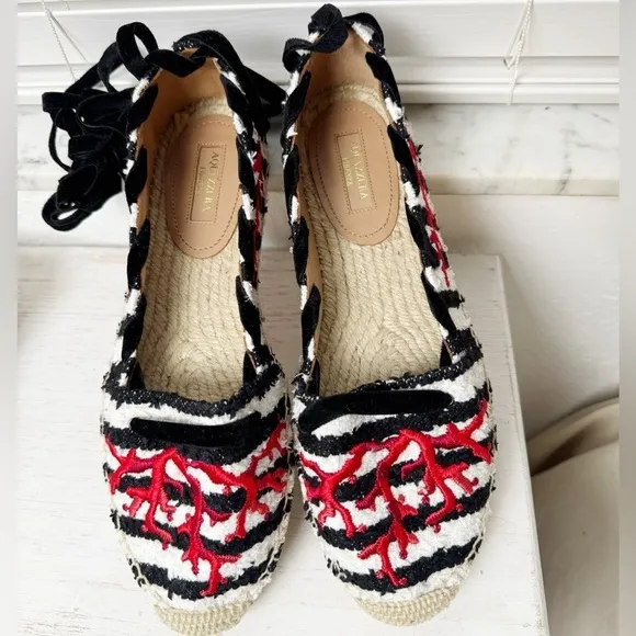 Aquazzura Coraline lace-up embroidered striped tweed espadrilles