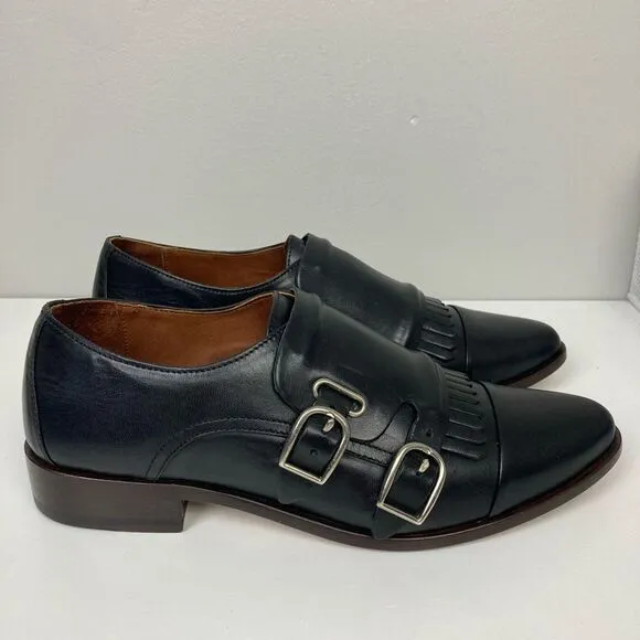 Ariat Two24 Leona Double Monk Strap Fringe Oxford Loafers Black Leather sz 8 B