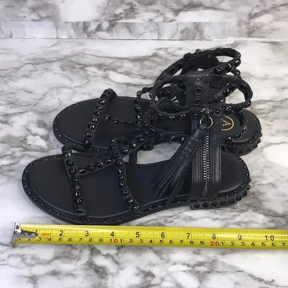 ASH Power Black Leather Gladiator Sandals Flat Tassels Size 36