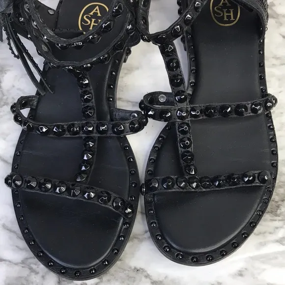 ASH Power Black Leather Gladiator Sandals Flat Tassels Size 36