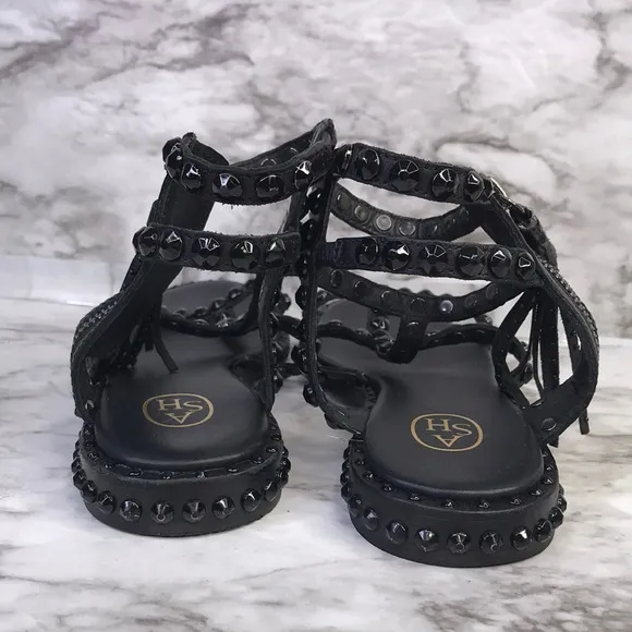 ASH Power Black Leather Gladiator Sandals Flat Tassels Size 36