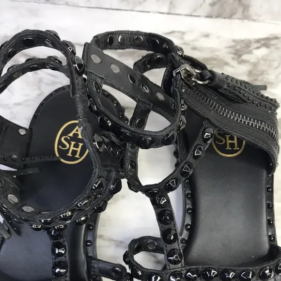 ASH Power Black Leather Gladiator Sandals Flat Tassels Size 36