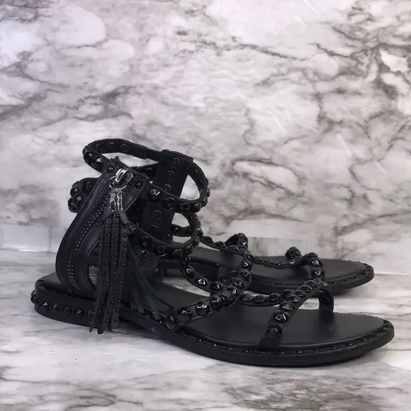 ASH Power Black Leather Gladiator Sandals Flat Tassels Size 36