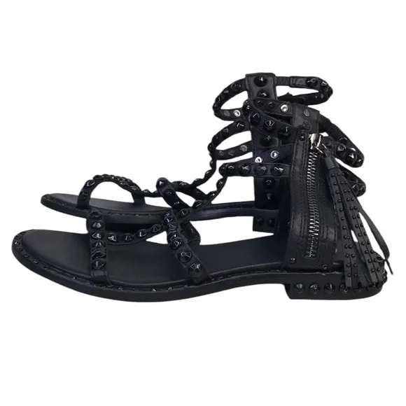 ASH Power Black Leather Gladiator Sandals Flat Tassels Size 36