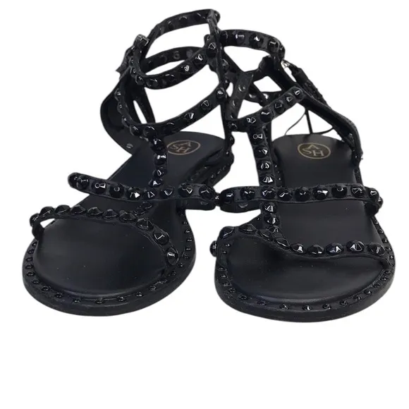 ASH Power Black Leather Gladiator Sandals Flat Tassels Size 36