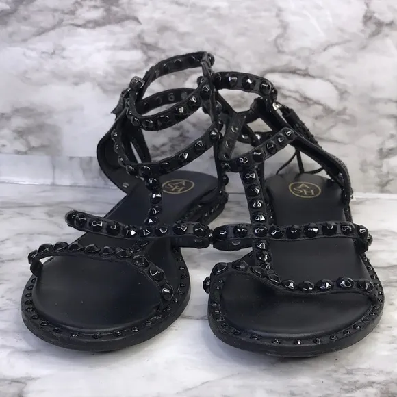 ASH Power Black Leather Gladiator Sandals Flat Tassels Size 36