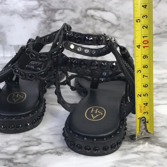 ASH Power Black Leather Gladiator Sandals Flat Tassels Size 36