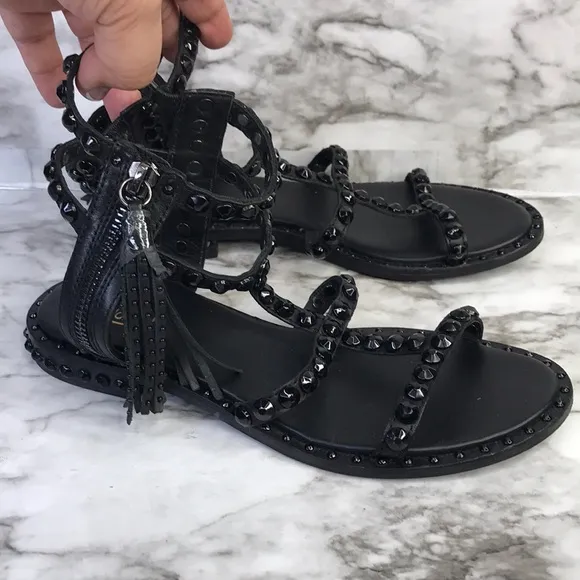 ASH Power Black Leather Gladiator Sandals Flat Tassels Size 36
