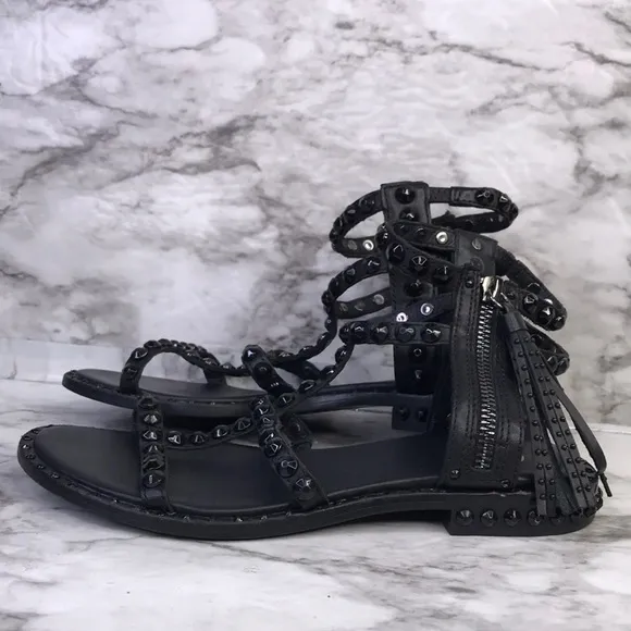 ASH Power Black Leather Gladiator Sandals Flat Tassels Size 36