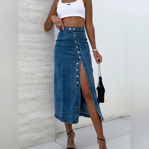 Asymmetrical High-Rise Full Length Button Bent Seam Denim Retro Jean Midi Skirt