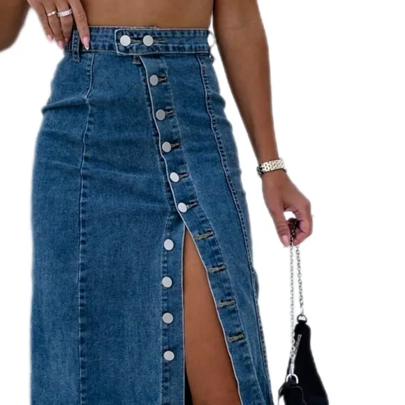 Asymmetrical High-Rise Full Length Button Bent Seam Denim Retro Jean Midi Skirt
