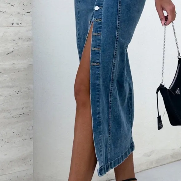 Asymmetrical High-Rise Full Length Button Bent Seam Denim Retro Jean Midi Skirt
