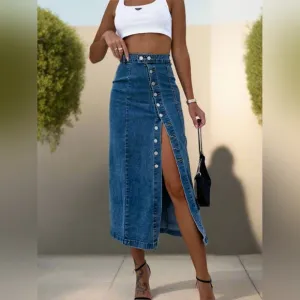Asymmetrical High-Rise Full Length Button Bent Seam Denim Retro Jean Midi Skirt