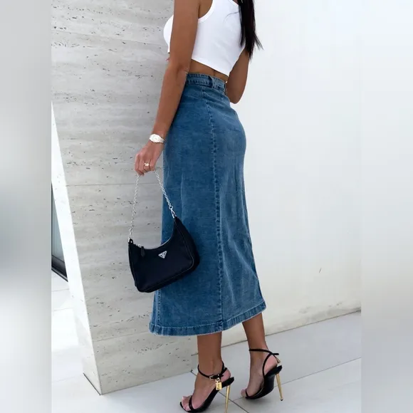 Asymmetrical High-Rise Full Length Button Bent Seam Denim Retro Jean Midi Skirt