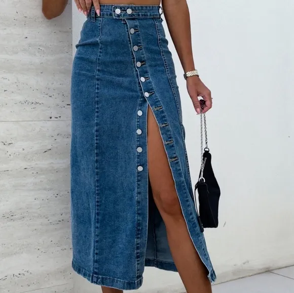 Asymmetrical High-Rise Full Length Button Bent Seam Denim Retro Jean Midi Skirt