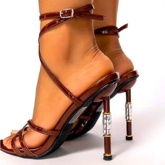 Azalea Wang Brown Vegan Glossy Patent Leather Embellished Diamond Heel S…