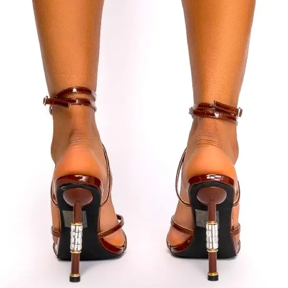Azalea Wang Brown Vegan Glossy Patent Leather Embellished Diamond Heel S…