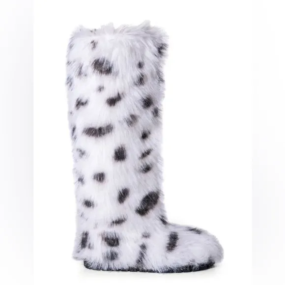 Azalea Wang Snow Leopard Faux Fur Over The Knee Boots