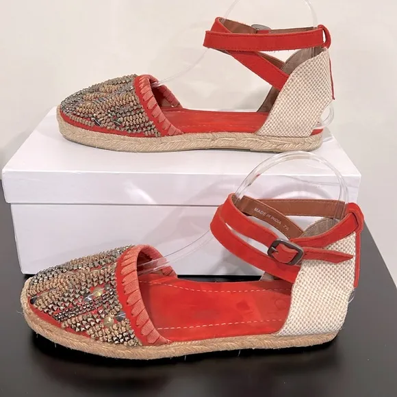 Bacio 61 Anthropologie Beaded Ankle Strap Espadrilles Size 7.5