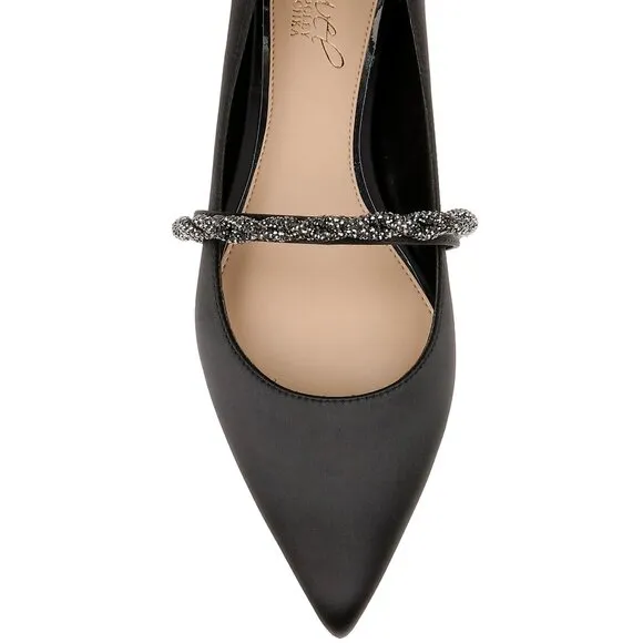 BADGLEY MISCHKA JEWEL Vana Pointed Flats   Crystal Straps in  Black Satin Size 5