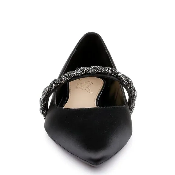 BADGLEY MISCHKA JEWEL Vana Pointed Flats   Crystal Straps in  Black Satin Size 5