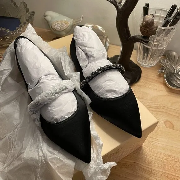 BADGLEY MISCHKA JEWEL Vana Pointed Flats   Crystal Straps in  Black Satin Size 5