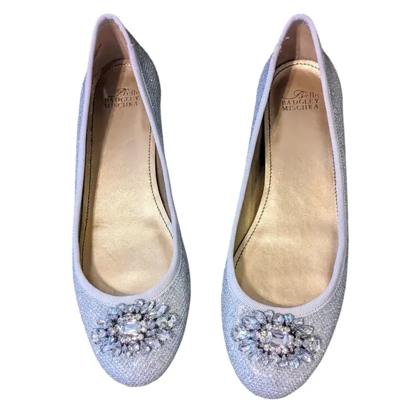 Badgley Mischka Silver Rhinestone Embellished Ballet Flats Crystal Broach Sz 7.5