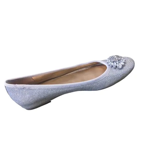Badgley Mischka Silver Rhinestone Embellished Ballet Flats Crystal Broach Sz 7.5