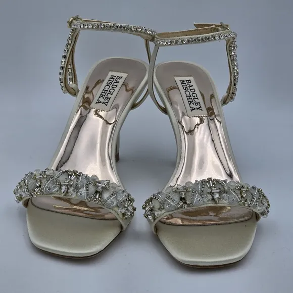Badgley Mischka Tanika Shapely High Heel Strappy Embellished Sandals, Ivory, 6