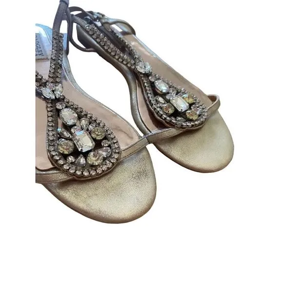 Badgley Mischka Womens Beige Embellished Leather Flat Jeweled Sandals Size 9M