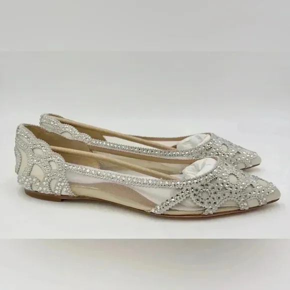 Badgley Mischka Women's Gigi Pointed Toe Jeweled Ivory Ballet Flats 7.5