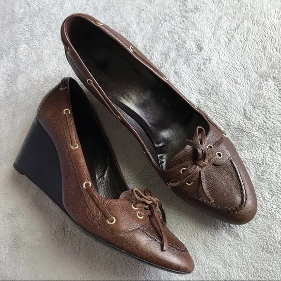 Balenciaga Leather Wedge Lace Loafers Brown 38.5