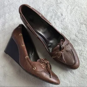 Balenciaga Leather Wedge Lace Loafers Brown 38.5
