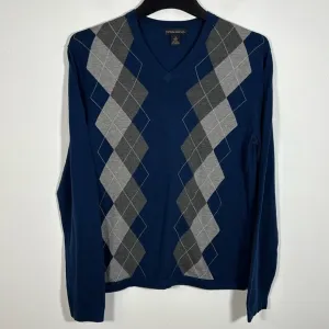 Banana Republic Luxury Blend Blue Grey Argyle Sweater Medium Silk Cashmere VNeck