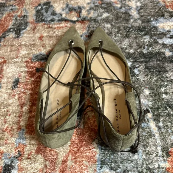 Barbara Bui Olive Green Suede Genuine Leather Pointed Toe Tie Ankle Wrap Flats