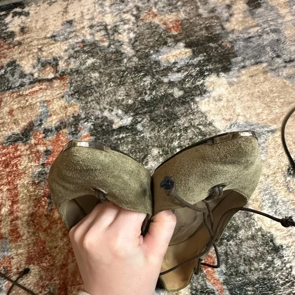 Barbara Bui Olive Green Suede Genuine Leather Pointed Toe Tie Ankle Wrap Flats