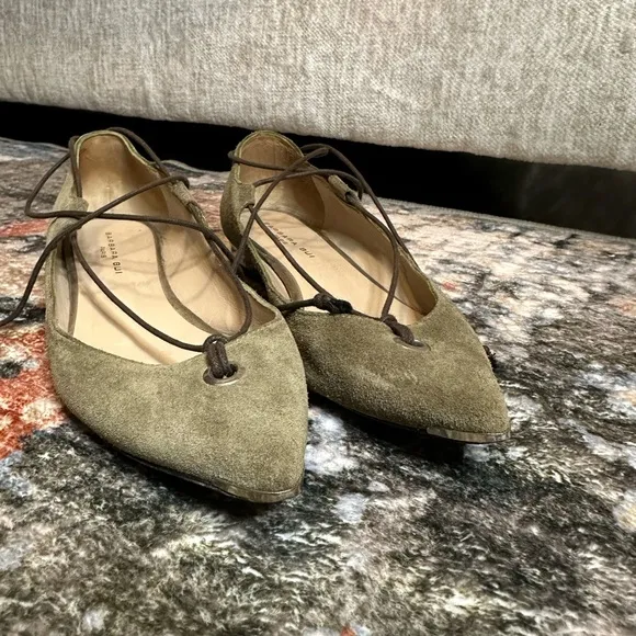 Barbara Bui Olive Green Suede Genuine Leather Pointed Toe Tie Ankle Wrap Flats