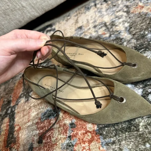 Barbara Bui Olive Green Suede Genuine Leather Pointed Toe Tie Ankle Wrap Flats