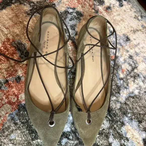 Barbara Bui Olive Green Suede Genuine Leather Pointed Toe Tie Ankle Wrap Flats