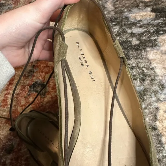 Barbara Bui Olive Green Suede Genuine Leather Pointed Toe Tie Ankle Wrap Flats