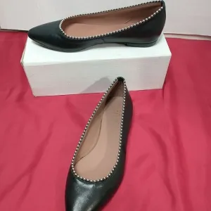 Barneys New York Leather Pointed Flats With Pearls On Rim - Black, Size 6.5 (37)