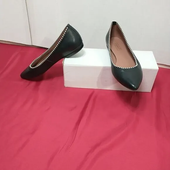 Barneys New York Leather Pointed Flats With Pearls On Rim - Black, Size 6.5 (37)