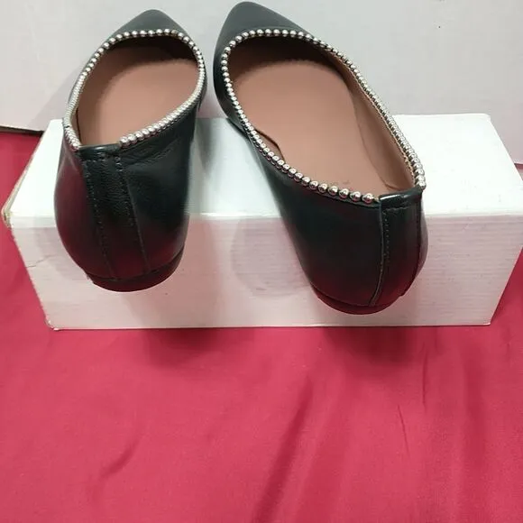Barneys New York Leather Pointed Flats With Pearls On Rim - Black, Size 6.5 (37)