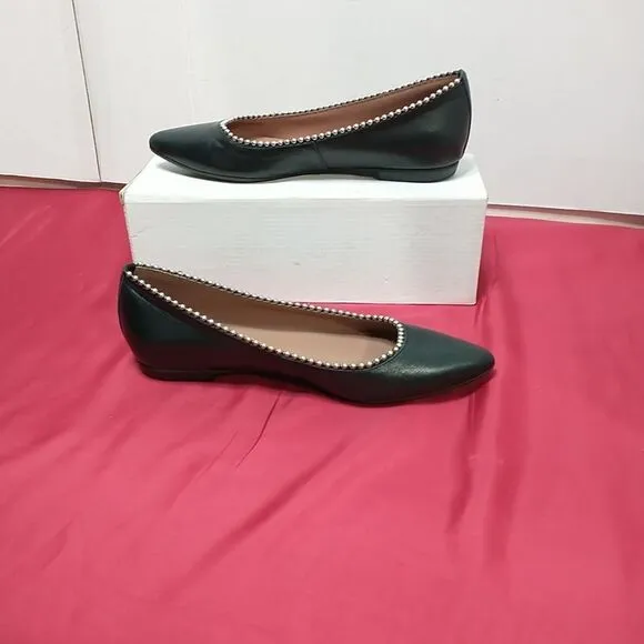 Barneys New York Leather Pointed Flats With Pearls On Rim - Black, Size 6.5 (37)