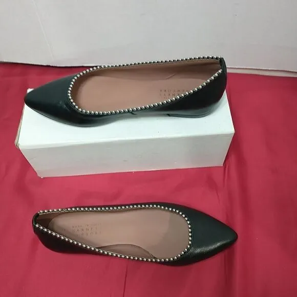 Barneys New York Leather Pointed Flats With Pearls On Rim - Black, Size 6.5 (37)